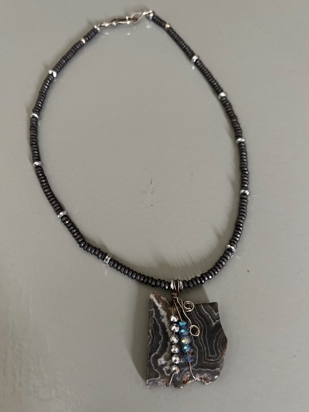 Statement necklace Black hematite crystals, silver natural stone